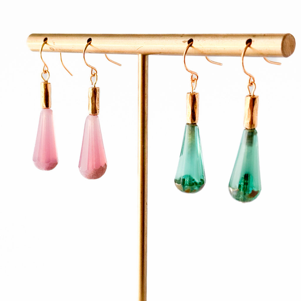 Long Czech Glass Teardrop Earrings with Antiqued Gold Accent: Turquoise