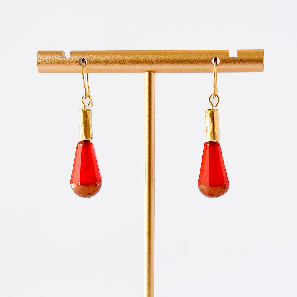 Long Czech Glass Teardrop Earrings with Antiqued Gold Accent: Turquoise