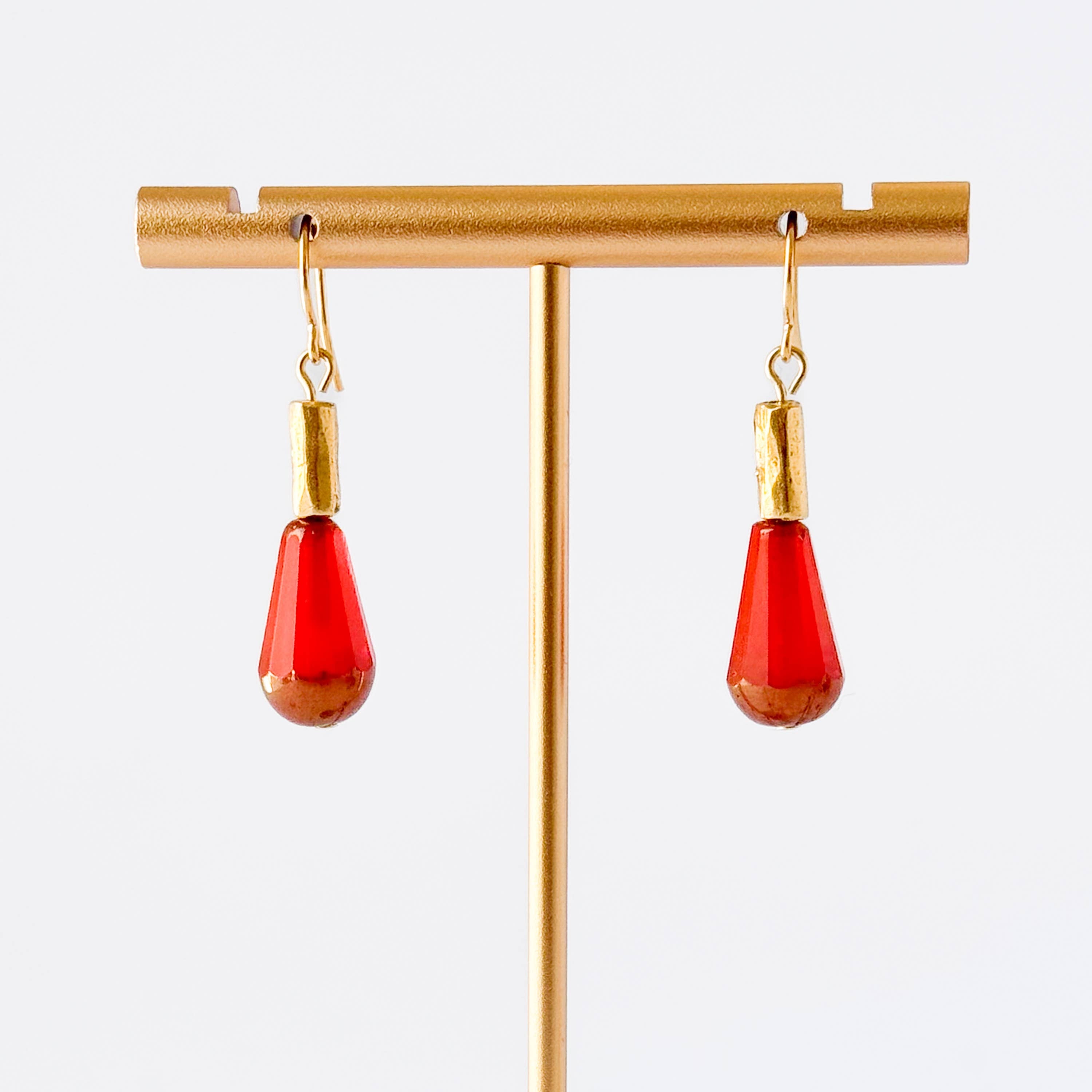 Long Czech Glass Teardrop Earrings with Antiqued Gold Accent: Turquoise