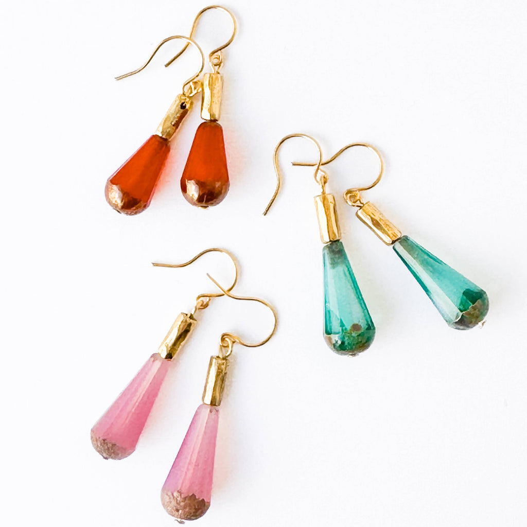 Long Czech Glass Teardrop Earrings with Antiqued Gold Accent: Turquoise