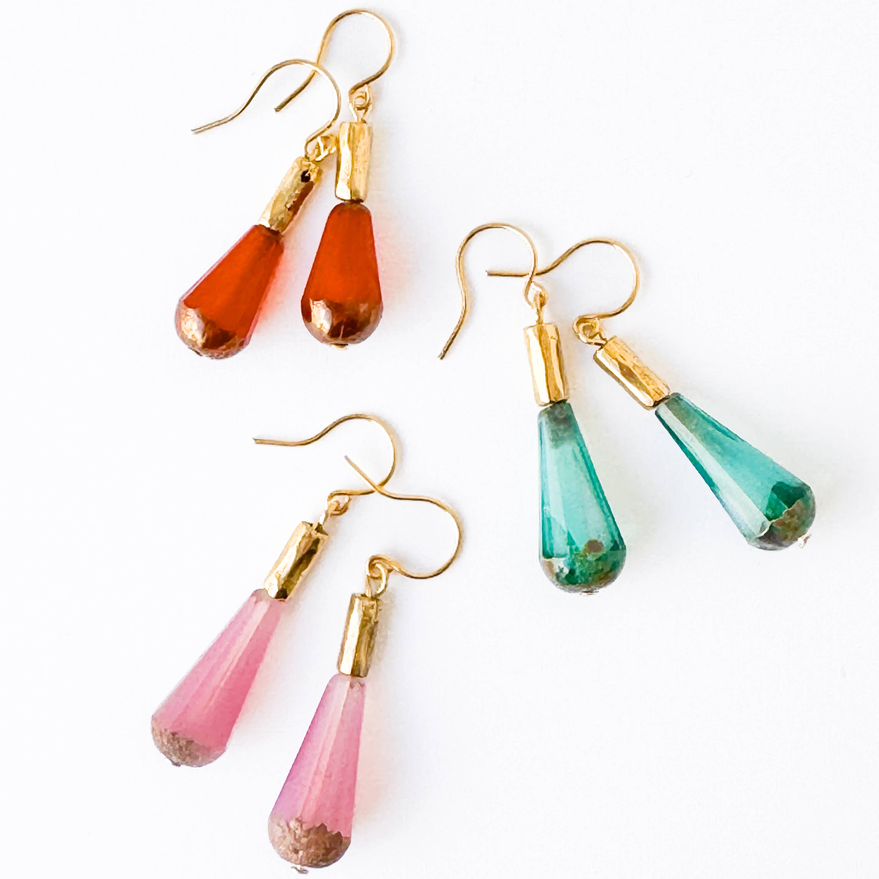 Long Czech Glass Teardrop Earrings with Antiqued Gold Accent: Turquoise