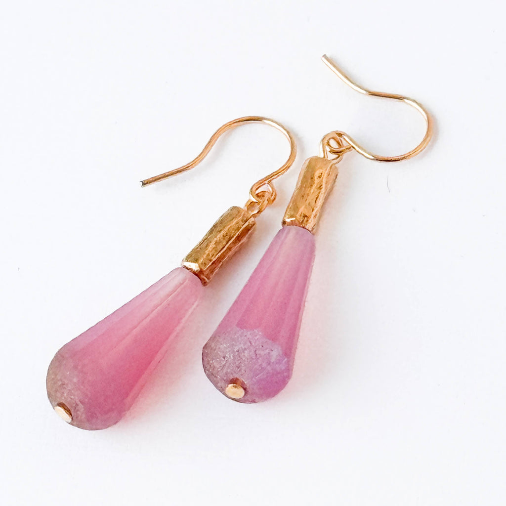 Long Czech Glass Teardrop Earrings with Antiqued Gold Accent: Turquoise