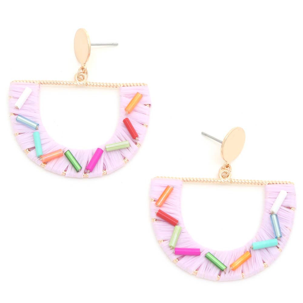 HALF CIRCLE RAFFIA WRAPPED DANGLE EARRING: Lavender