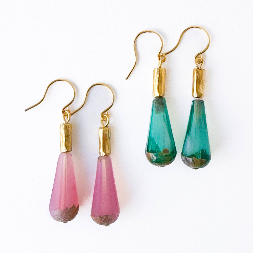 Long Czech Glass Teardrop Earrings with Antiqued Gold Accent: Turquoise