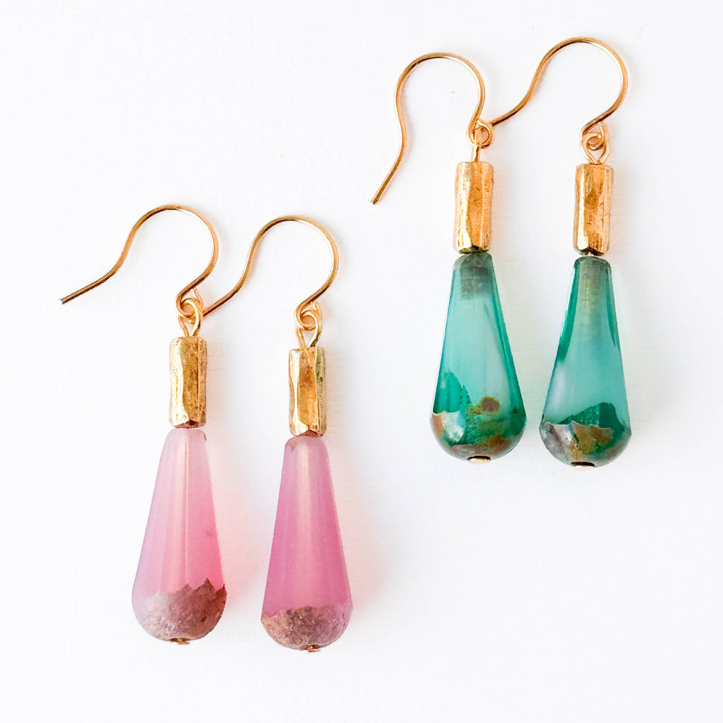 Long Czech Glass Teardrop Earrings with Antiqued Gold Accent: Turquoise