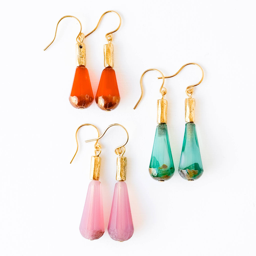 Long Czech Glass Teardrop Earrings with Antiqued Gold Accent: Turquoise