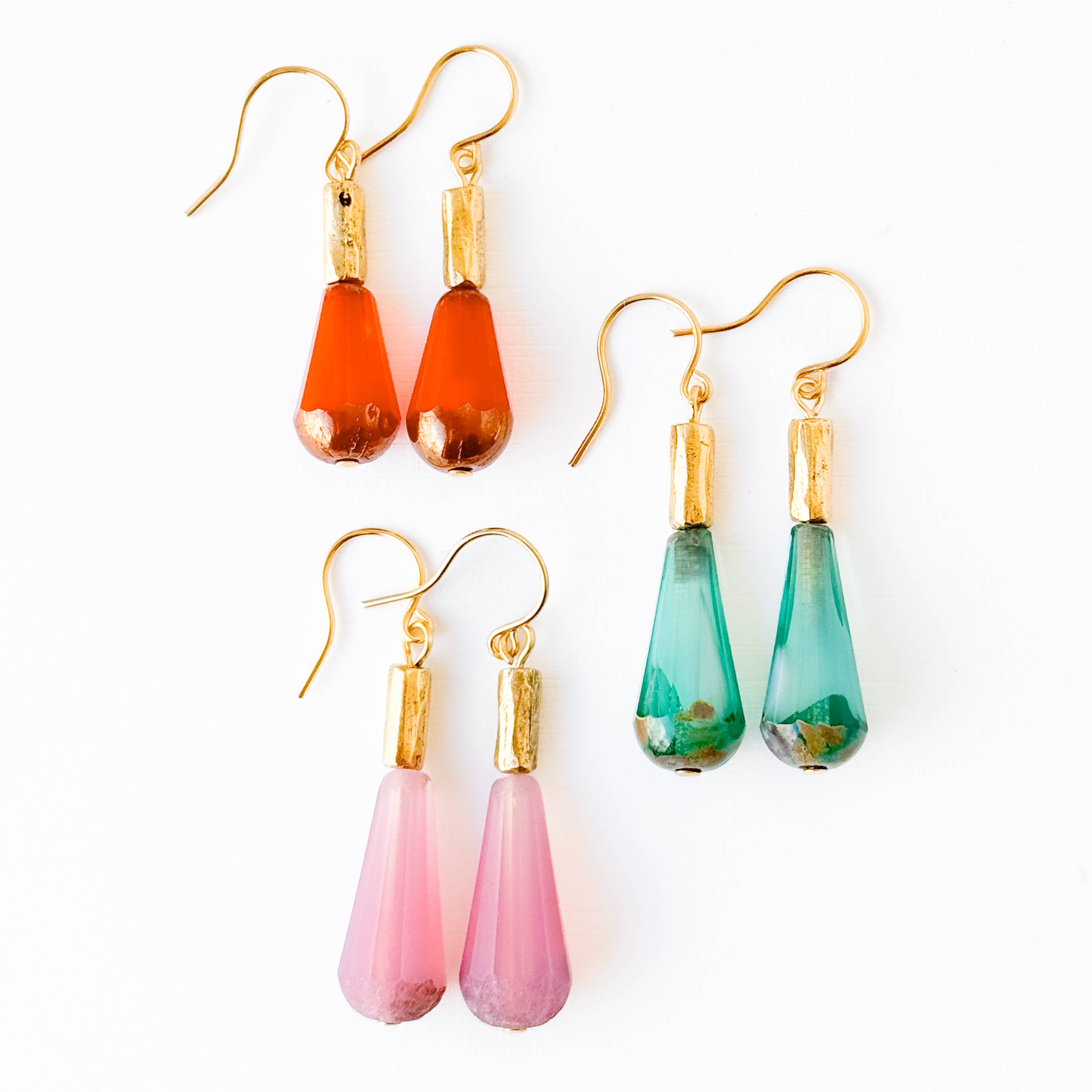 Long Czech Glass Teardrop Earrings with Antiqued Gold Accent: Turquoise