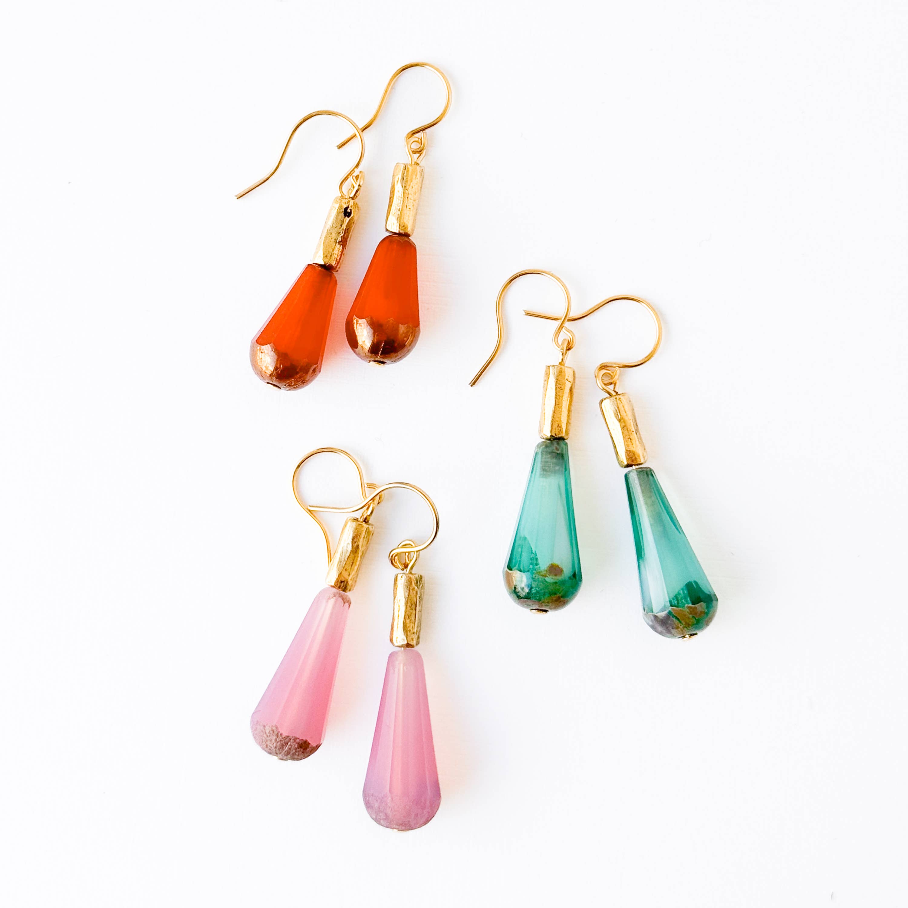Long Czech Glass Teardrop Earrings with Antiqued Gold Accent: Turquoise