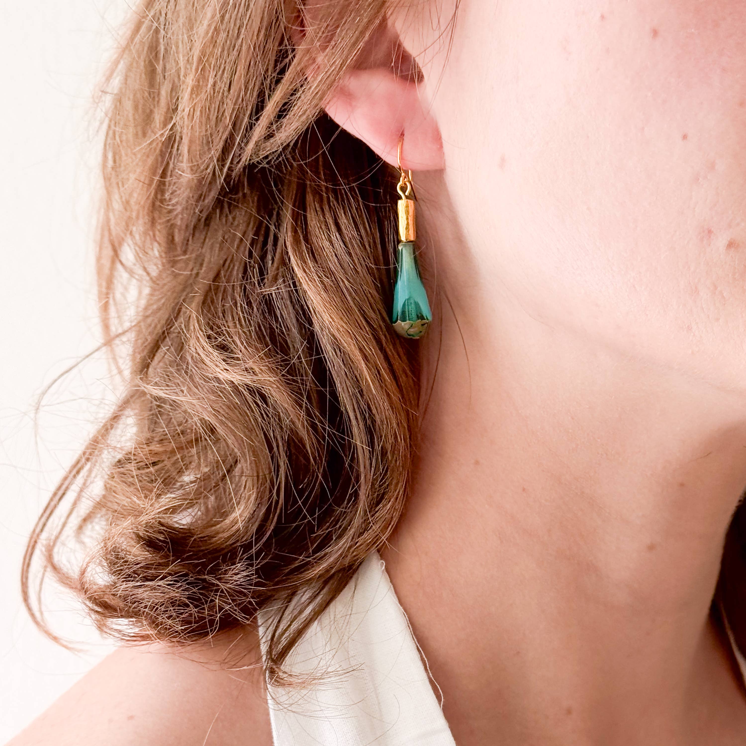 Long Czech Glass Teardrop Earrings with Antiqued Gold Accent: Turquoise