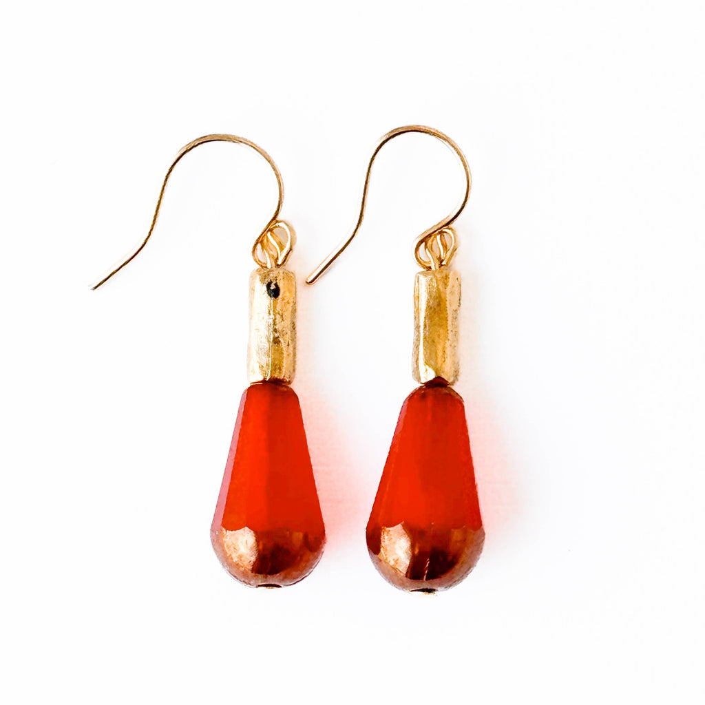Long Czech Glass Teardrop Earrings with Antiqued Gold Accent: Coral