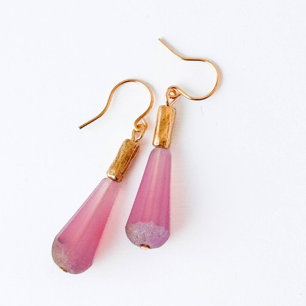 Long Czech Glass Teardrop Earrings with Antiqued Gold Accent: Turquoise