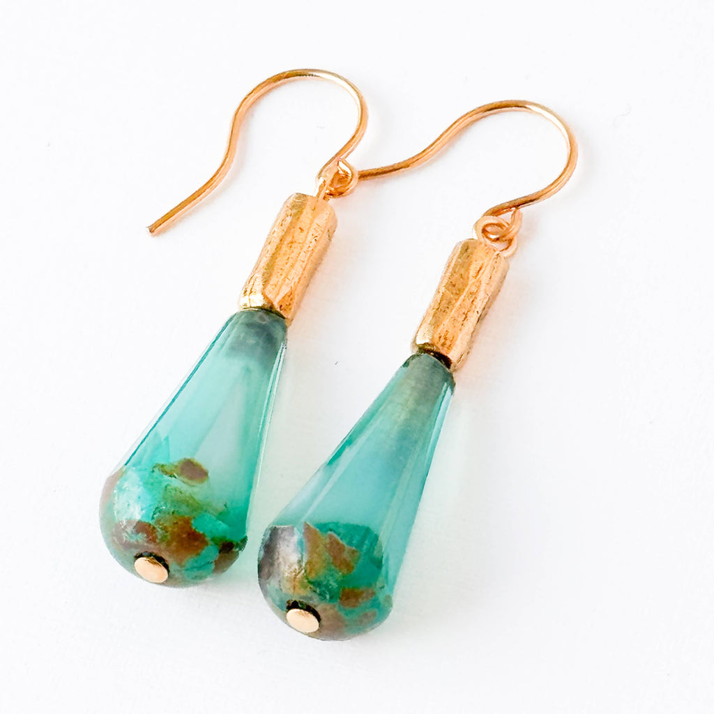 Long Czech Glass Teardrop Earrings with Antiqued Gold Accent: Turquoise