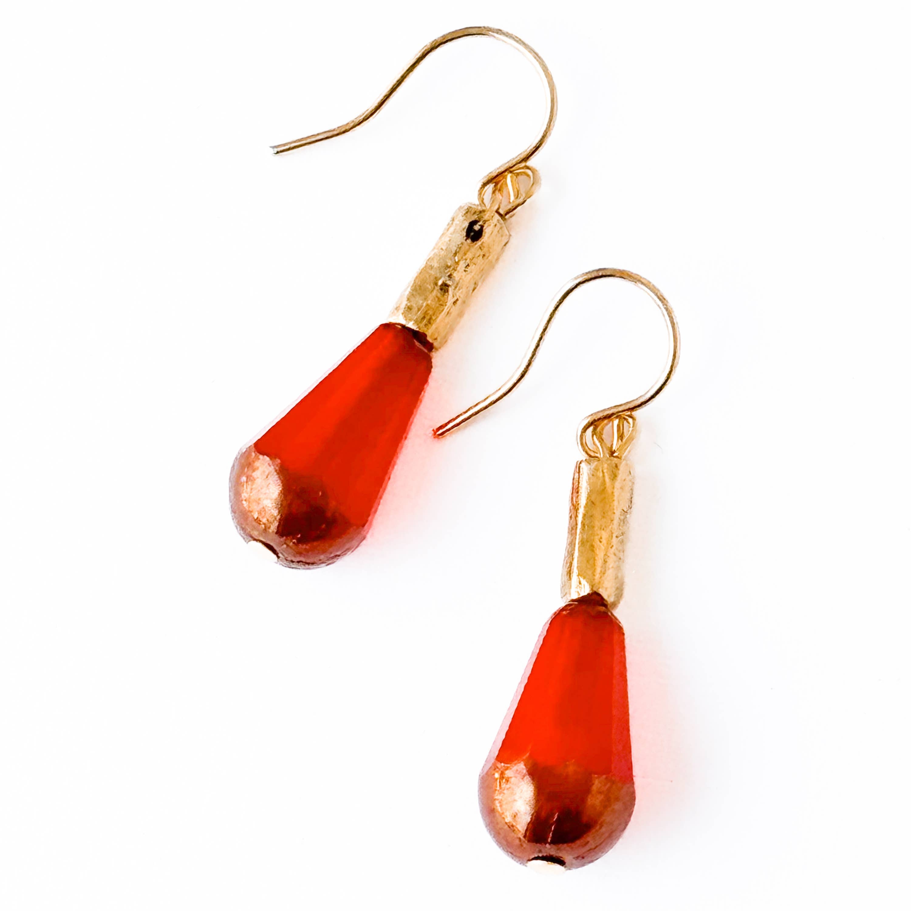 Long Czech Glass Teardrop Earrings with Antiqued Gold Accent: Coral